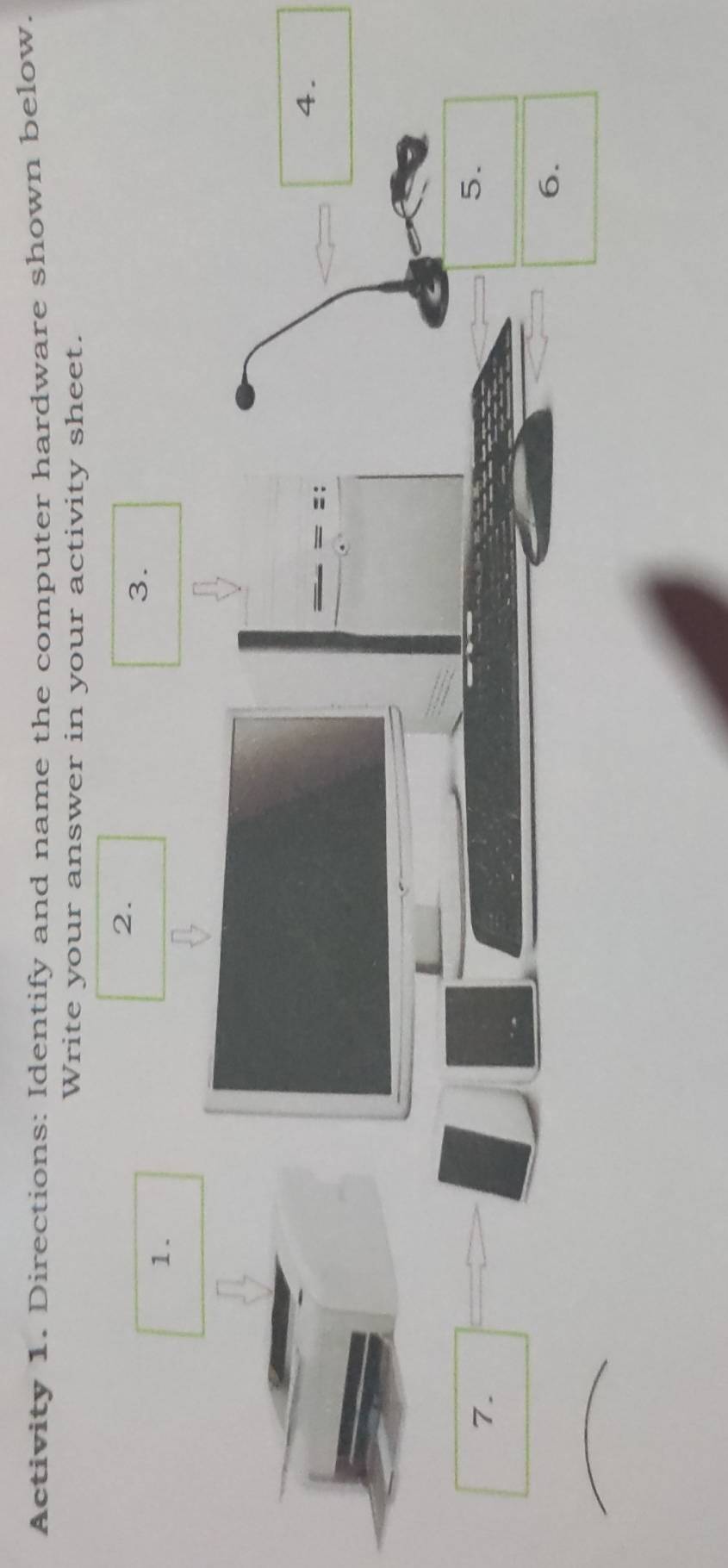 Activity 1. Directions: Identify and name the computer hardware shown below. 
Write your answer in your activity sheet. 
2. 
3. 
1. 
=: 
4. 
7. 
5. 
6.