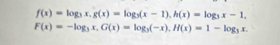 f(x)=log _3x, g(x)=log _3(x-1), h(x)=log _3x-1,
F(x)=-log _3x, G(x)=log _3(-x), H(x)=1-log _3x.