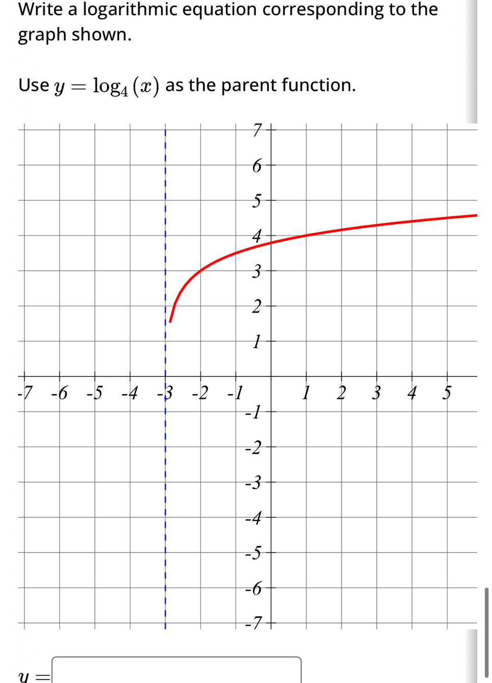 Write a logarithmic equation corresponding to the 
graph shown. 
Use y=log _4(x) as the parent function.
-7
y=□