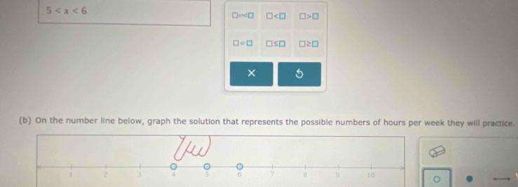 5
□ wapprox □ □ □ >□
□ =□ □ ≤ □ □ ≥ □
× 5
(b) On the number line below, graph the solution that represents the possible numbers of hours per week they will practice.
。