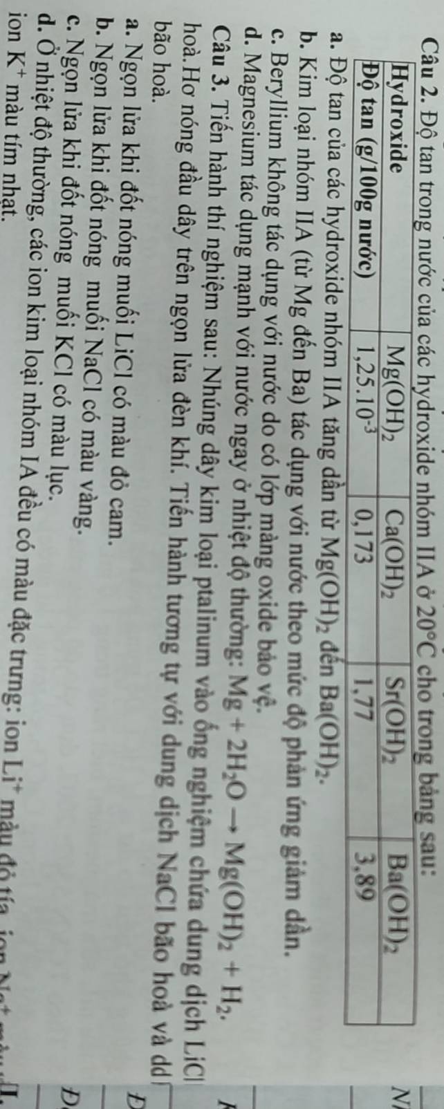 Độ tan trong nước của các hydroxide nhóm IIA ở 20°C cho trong bảng sau:
các hydroxide nhóm IIA tăng dần từ Mg(OH)_2 đến Ba(OH)_2.
b. Kim loại nhóm IIA (từ Mg đến Ba) tác dụng với nước theo mức độ phản ứng giảm dần.
c. Beryllium không tác dụng với nước do có lớp màng oxide bảo vệ.
_
d. Magnesium tác dụng mạnh với nước ngay ở nhiệt độ thường: Mg+2H_2Oto Mg(OH)_2+H_2.
Câu 3. Tiến hành thí nghiệm sau: Nhúng dây kim loại ptalinum vào ống nghiệm chứa dung dịch LiC
hoà.Hơ nóng đầu dây trên ngọn lửa đèn khí. Tiến hành tương tự với dung dịch NaCl bão hoà và dỏ
bão hoà.
D
a. Ngọn lửa khi đốt nóng muối LiCl có màu đỏ cam.
b. Ngọn lửa khi đốt nóng muối NaCl có màu vàng.
c. Ngọn lửa khi đốt nóng muối KCl có màu lục.
D
d. Ở nhiệt độ thường, các ion kim loại nhóm IA đều có màu đặc trưng: ion Li* màu đ ộ í 
ion K^+ màu tím nhạt.