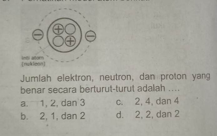 Jumlah elektron, neutron, dan proton yang
benar secara berturut-turut adalah ....
a. 1, 2, dan 3 c. 2, 4, dan 4
b. 2, 1, dan 2 d. 2, 2, dan 2