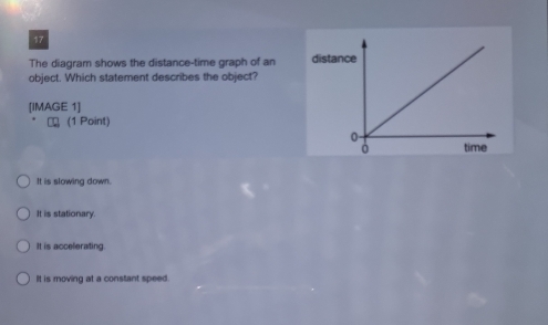 The diagram shows the distance-time graph of an distance
object. Which statement describes the object?
[IMAGE 1]
(1 Point)
It is slowing down.
It is stationary.
It is accelerating.
It is moving at a constant speed.