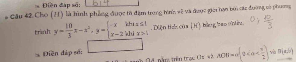 Điền đáp số: 
Câu 42.Cho (H) là hình phẳng được tô đậm trong hình vẽ và được giới hạn bởi các đường có phương 
trình y= 10/3 x-x^2, y=beginarrayl -xkhix≤ 1 x-2khix>1endarray.. Diện tích của (H) bằng bao nhiêu. 
Điền đáp số: □ 
Q A nằm trên trục Ox và AOB=alpha (0 và B(a;b)