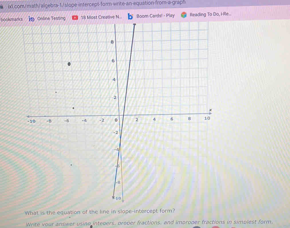 bookmalay Reading To Do, i-Re... 
What is the equation of the line in slope-intercept form? 
Write vour answer usind integers, proper fractions, and improper fractions in simplest form.