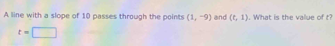 A line with a slope of 10 passes through the points (1,-9) and (t,1). What is the value of t?
t=□