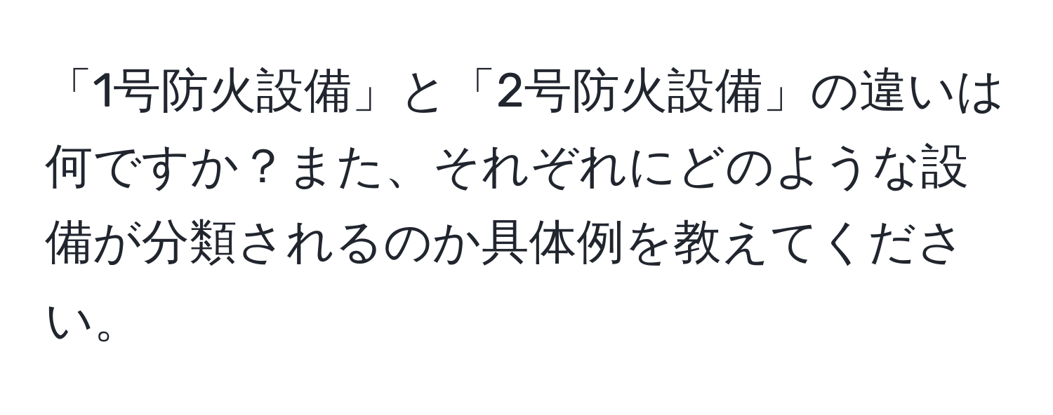 「1号防火設備」と「2号防火設備」の違いは何ですか？また、それぞれにどのような設備が分類されるのか具体例を教えてください。