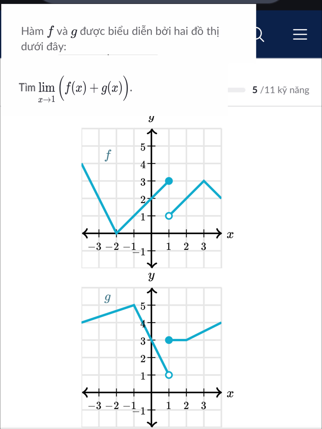 Hàm ƒ và g được biểu diễn bởi hai đồ thị 
≡ 
dưới đây:
Timlimlimits _xto 1(f(x)+g(x)).
5 /11 kỹ năng