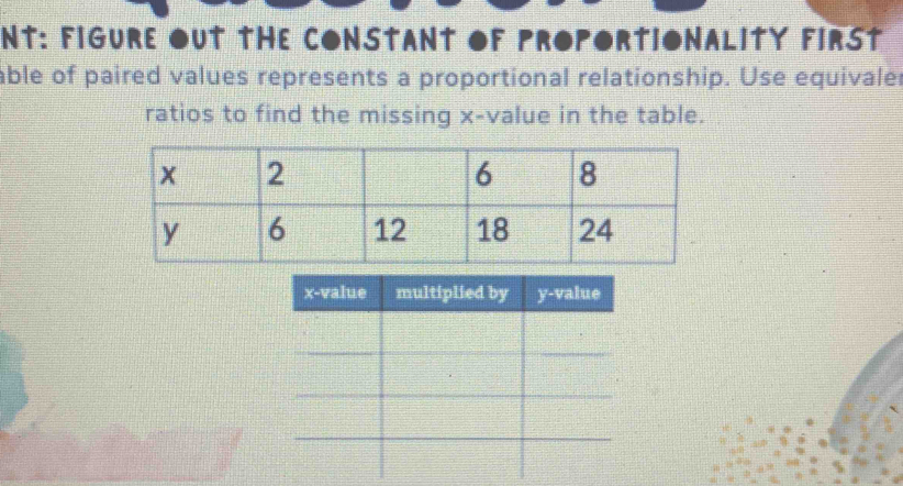 NT: FIGURE OUT THE CONSTANT OF PROPORTIONALITY FIRST 
able of paired values represents a proportional relationship. Use equivaler 
ratios to find the missing x -value in the table.