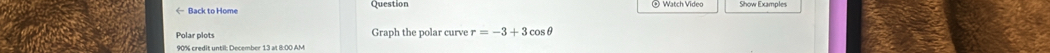 < Back to Home Question ⊙ Watch Video Show Examples 
Polar plots Graph the polar curve  r=-3+3cos θ
90% credit until: December 13 at 8:00 AM