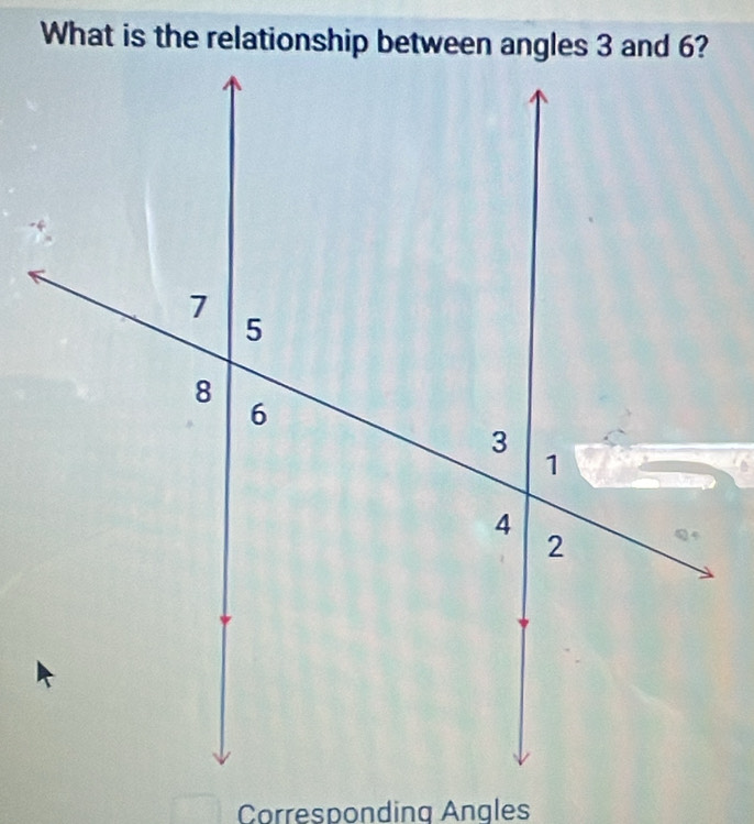 Solved: What is the relationship between angles 3 and 6? Corresponding ...