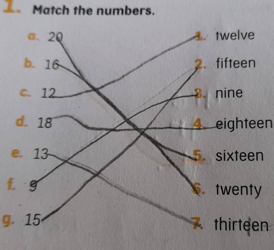 Match the numbers. 
4 eighteen 
f 
g. 15n