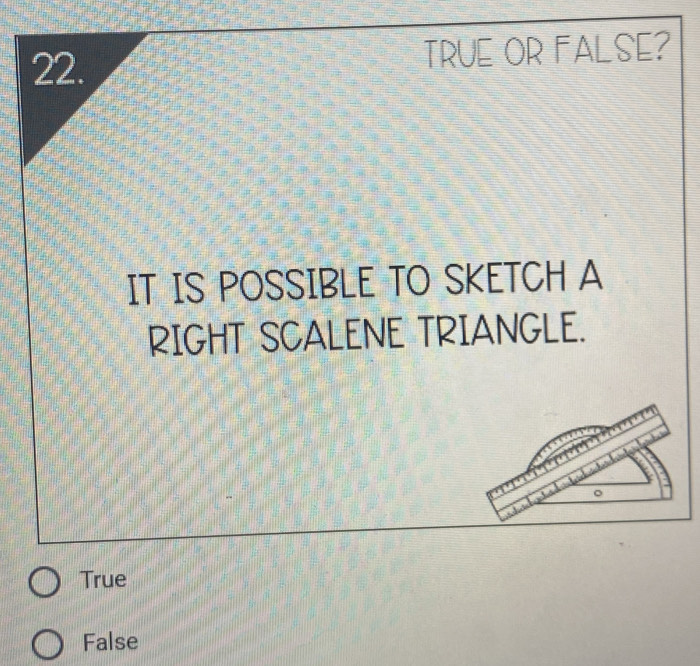 TRUE OR FALSE?
IT IS POSSIBLE TO SKETCH A
RIGHT SCALENE TRIANGLE.
True
False