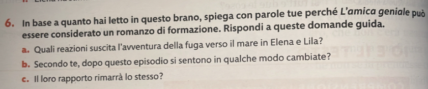 In base a quanto hai letto in questo brano, spiega con parole tue perché L’amica geniale può 
essere considerato un romanzo di formazione. Rispondi a queste domande guida. 
a. Quali reazioni suscita l’avventura della fuga verso il mare in Elena e Lila? 
b. Secondo te, dopo questo episodio si sentono in qualche modo cambiate? 
c. Il loro rapporto rimarrà lo stesso?