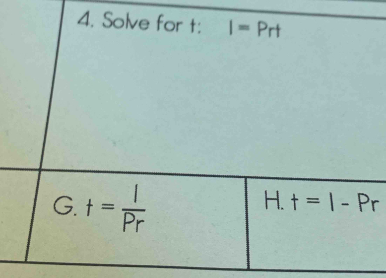 Solve for t: I=Prt