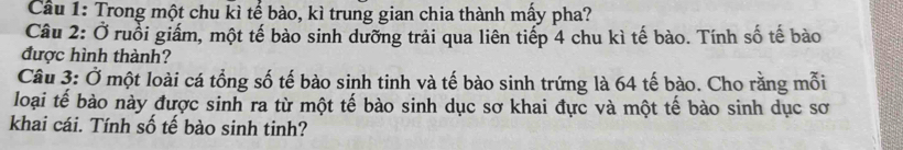 Cầu 1: Trong một chu kì tế bào, kì trung gian chia thành mấy pha? 
Câu 2: Ở ruồi giấm, một tế bào sinh dưỡng trải qua liên tiếp 4 chu kì tế bào. Tính số tế bào 
được hình thành? 
Câu 3: Ở một loài cá tổng số tế bào sinh tinh và tế bào sinh trứng là 64 tế bào. Cho rằng mỗi 
loại tế bào này được sinh ra từ một tế bào sinh dục sơ khai đực và một tế bào sinh dục sơ 
khai cái. Tính số tế bào sinh tinh?