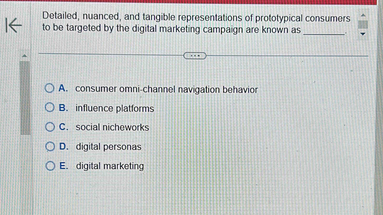 Detailed, nuanced, and tangible representations of prototypical consumers
to be targeted by the digital marketing campaign are known as_
A. consumer omni-channel navigation behavior
B. influence platforms
C. social nicheworks
D. digital personas
E. digital marketing