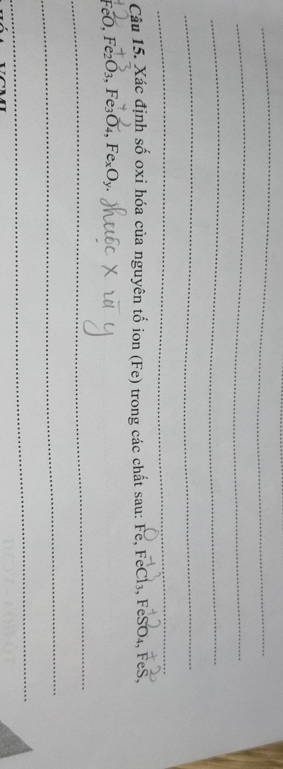 Xác định số oxi hóa của nguyên tố ion (Fe) trong các chất sau: Fe, FeCl₃, FeSO₄, FeS,
FeO, Fe₂O 3, Fe_3O_4, Fe_xO_y
_ 
_ 
_