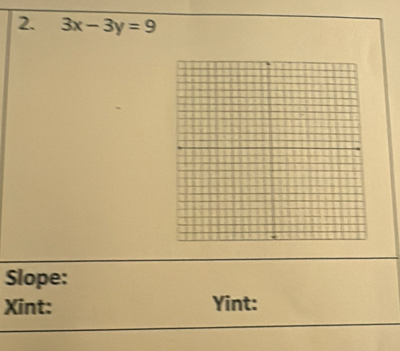 3x-3y=9
Slope: 
Xint: Yint: