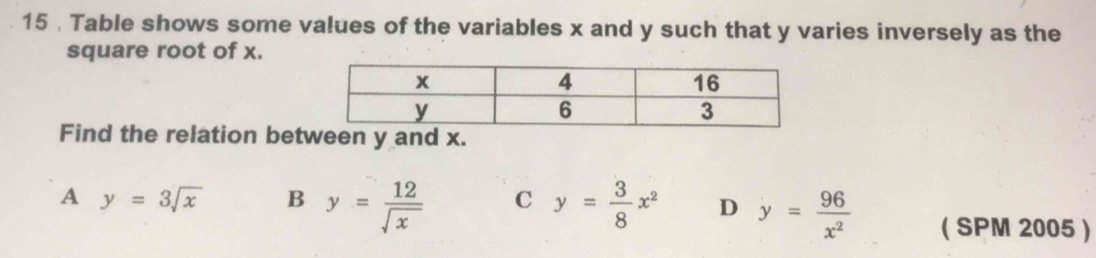 15 . Table shows some values of the variables x and y such that y varies inversely as the
square root of x.
Find the relation between y and x.
A y=3sqrt(x) B y= 12/sqrt(x)  C y= 3/8 x^2 D y= 96/x^2  ( SPM 2005 )