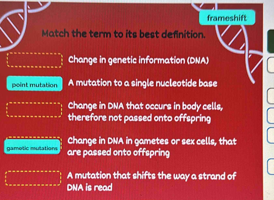 frameshift
Match the term to its best definition.
Change in genetic information (DNA)
point mutation A mutation to a single nucleotide base
Change in DNA that occurs in body cells,
therefore not passed onto offspring
Change in DNA in gametes or sex cells, that
gametic mutations are passed onto offspring
A mutation that shifts the way a strand of
DNA is read