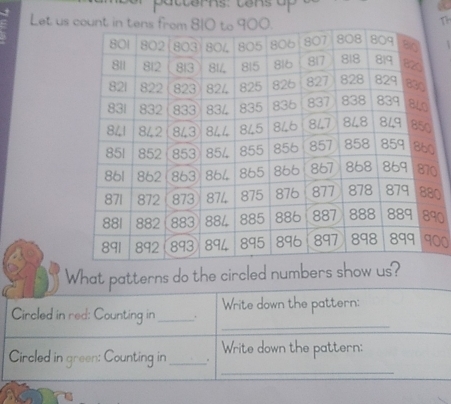 pa tterns: tens ua 
Let us co 
Th 

0 
0 
0 
What patterns do the circled numbers show 
_ 
Circled in red: Counting in_ . Write down the pattern: 
Write down the pattern: 
_ 
Circled in green: Counting in_ .