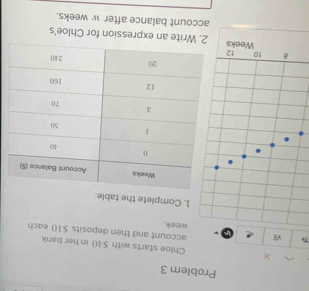 Problem 3 
Chloe starts with $40 in her bank 
Tr sqrt(± ) I^ week. 
account and then deposits $10 each 
1. Complete the table.
8 10 12
Weeks Write an expression for Chloe's 
account balance after w weeks.