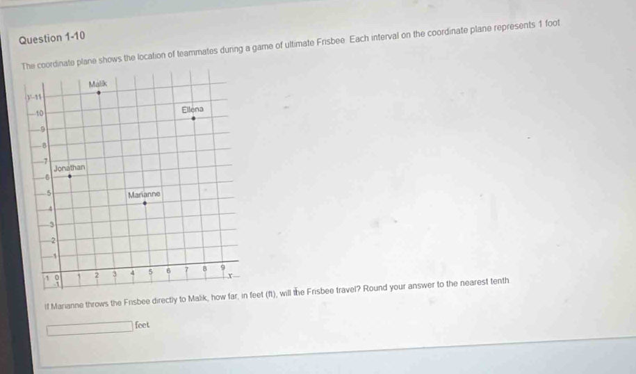 The coordinate plane shows the location of teammates dunng a game of ultimate Frisbee Each interval on the coordinate plane represents 1 foot
If Marianne throws the Frisbee directly to Malik, how far, in feet (ft), will the Frisbee travel? Round your answer to the nearest tenth
feet