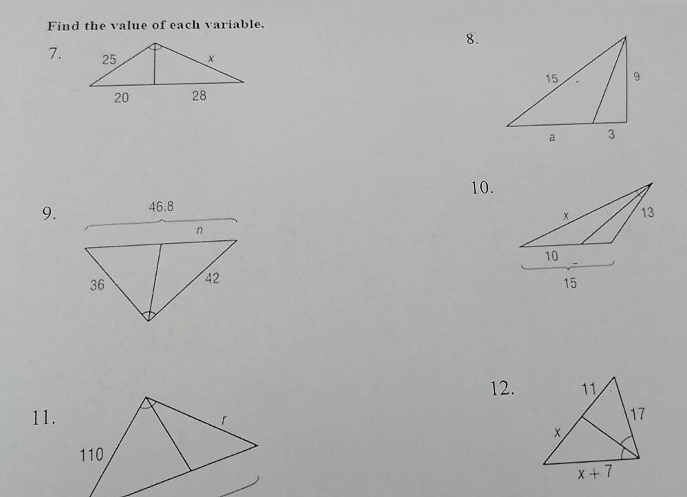 Find the value of each variable.
8.
7.
10.
9.
12.
11.