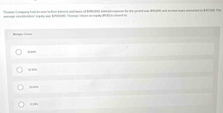 Thomas Company had income before interest and taxes of $140,000. Interest expense for the period was $19,000 and income taxes amounted to $30,500. The
average stockholders' equity was $700,000. Thomas' return on equity (ROE) is closest to:
Multiple Choice
15.64%
12.93%
20.00%
17.29%