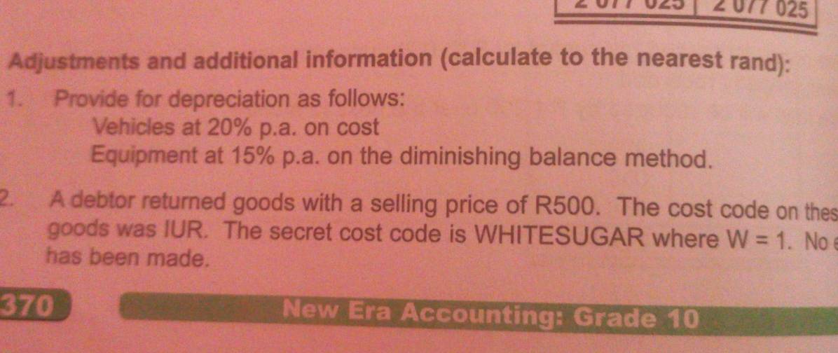 2 077 025 
Adjustments and additional information (calculate to the nearest rand): 
1. Provide for depreciation as follows: 
Vehicles at 20% p.a. on cost 
Equipment at 15% p.a. on the diminishing balance method. 
2. A debtor returned goods with a selling price of R500. The cost code on thes 
goods was IUR. The secret cost code is WHITESUGAR where W=1. Noe 
has been made. 
370 New Era Accounting: Grade 10