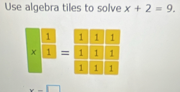 Use algebra tiles to solve x+2=9.
1
x-□