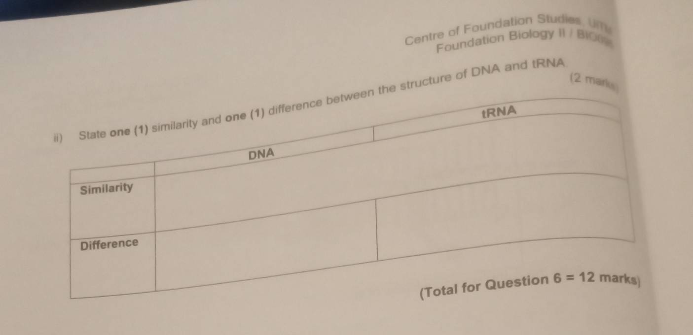 Centre of Foundation Studies U
Foundation Biology II / Bi00%
(2 mark
structure of DNA and tRNA