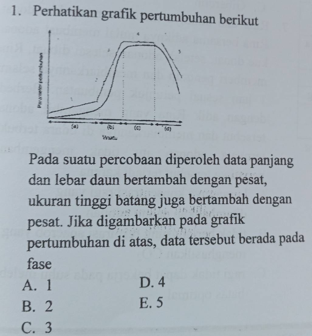 Perhatikan grafik pertumbuhan berikut
Pada suatu percobaan diperoleh data panjang
dan lebar daun bertambah dengan pesat,
ukuran tinggi batang juga bertambah dengan
pesat. Jika digambarkan pada grafik
pertumbuhan di atas, data tersebut berada pada
fase
A. 1
D. 4
B. 2
E. 5
C. 3