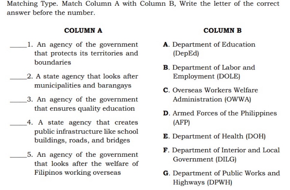 Matching Type. Match Column A with Column B, Write the letter of the correct
answer before the number.
COLUMN A COLUMN B
_1. An agency of the government A. Department of Education
that protects its territories and (DepEd)
boundaries
B. Department of Labor and
_2. A state agency that looks after Employment (DOLE)
municipalities and barangays
C. Overseas Workers Welfare
_3. An agency of the government Administration (OWWA)
that ensures quality education D. Armed Forces of the Philippines
_4. A state agency that creates (AFP)
public infrastructure like school E. Department of Health (DOH)
buildings, roads, and bridges
_5. An agency of the government F. Department of Interior and Local
that looks after the welfare of
Government (DILG)
Filipinos working overseas G. Department of Public Works and
Highways (DPWH)