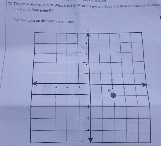 7.) The graph shows point R. What is the location of a point in Quadrant III at a horizontal distance 
of 2 1/2  units from point R? 
Plot the point on the coordinate plane.