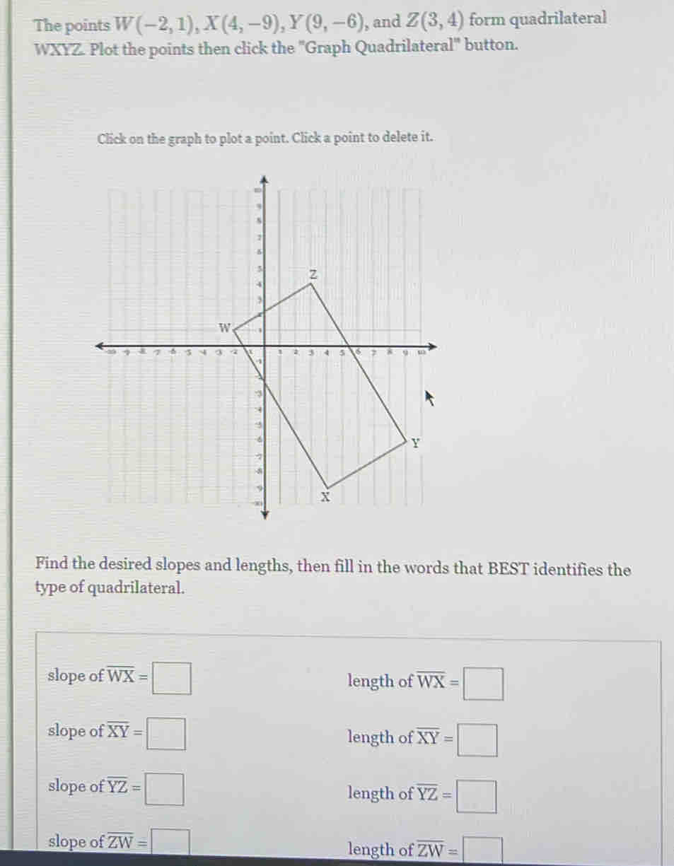 The points W(-2,1), X(4,-9), Y(9,-6) , and Z(3,4) form quadrilateral
WXYZ. Plot the points then click the 'Graph Quadrilateral' button.
Click on the graph to plot a point. Click a point to delete it.
Find the desired slopes and lengths, then fill in the words that BEST identifies the
type of quadrilateral.
slope of overline WX=□ length of overline WX=□
slope of overline XY=□ length of overline XY=□
slope of overline YZ=□ length of overline YZ=□
slope of overline ZW=□
length of overline ZW=□