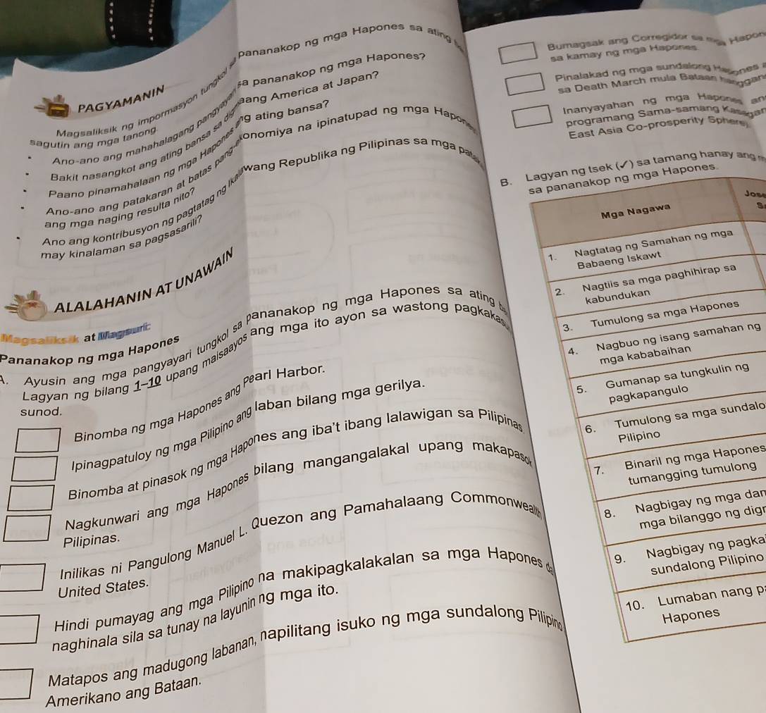 pananakop ng mga Hapones sa ating 
Bumagsak ang Corregidor se ma Hapon
Pinalakad ng mga sundalong Hasones 
Maosaliksikng impormasyon tung a pananakop ng mga Hapones?
sa kamay ng mga Hapones
sa Death March mula Batsen haoggan
PAGYAMANIN
Inanyayahan ng mga Hapone an
programang Sama-samang Kasega
Ano-ano ang mahahalagang pangya ang America at Japan?
sagutin ang mga tanong
East Asia Co-prosperity Spher
akit na s an  ot an  an b an    
Paano pinamahalaan ng mga Hapores 9 ating bans
Ano-ano ang patakaran af batas pary "Ohomiya na ipinatupad ng mga Hapor
B. Lng hanay an
s
Ano ang kontribusyon ng pagtatag ng i Wang Republika ng Pilipinas sa mga pa
ang mga naging resulta nito?
Jose
may kinalaman sa pagsasarili?
ALALÄHANIN AT UNAWÄıN
Magsaliksik at Magsuri Ayusin ang mga pangyayari tungkøl sa pananakop ng mga Hapones sa ating b
n ng
agyan ng bilang 1-10 upang malsaays ang mga ito ayon sa wastong pagkaka
Pananakop ng mga Hapones
Binomba ng mga Hapones ang Pearl Harbo
sunod.
pinagpatuloy ng mga Pilipino ang laban bilang mga gerilya
ng
Binomba at pinasok ng mga Hapones ang iba't ibang lalawigan sa Pilipinandalo
ones
ong
Nagkunwari ang mga Hapones bilang mangangalakal upang makapas
dig
nilikas ni Pangulong Manuel L. Quezon ang Pamahalaang Commonweal dan
Pilipinas.
agka
ipino
United States.
Hindi pumayag ang mga Pilipino na makipagkalakalan sa mga Hapone
ng p
naghinala sila sa tunay na layuninng mga ito 
Matapos ang madugong labanan, napilitang isuko ng mga sundalong Pi
Amerikano ang Bataan.