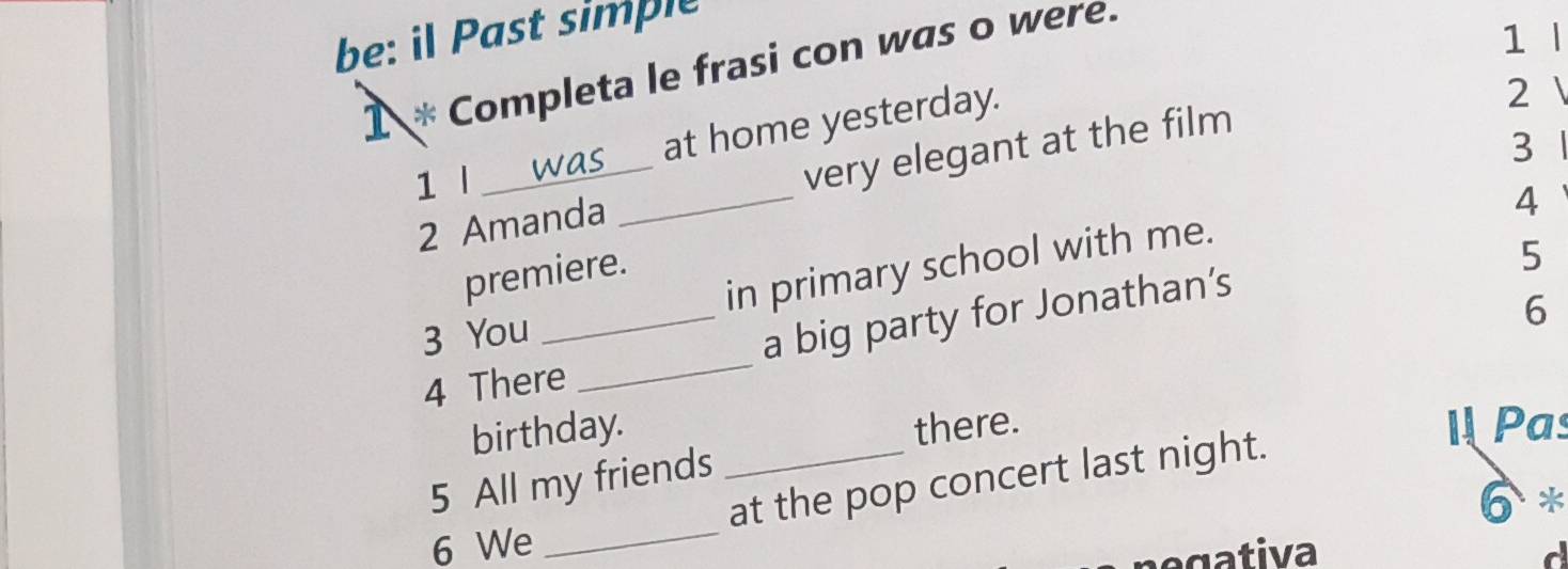 be: il Past simple 
1 * Completa le frasi con was o were. 
1 l 
at home yesterday. 
2  
2 Amanda _very elegant at the film 
3 
1 l 
4 
premiere. 
3 You _in primary school with me. 
5 
4 There _a big party for Jonathan’s 
6 
birthday. there. IPas 
_ 
_at the pop concert last night. 
5 All my friends 
6 * 
6 We 
negativa