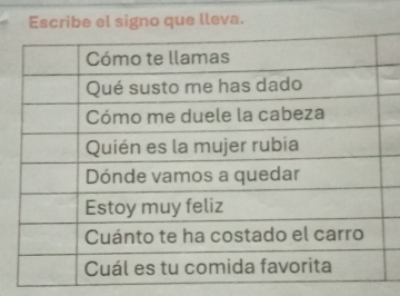 Escribe el signo que lleva.