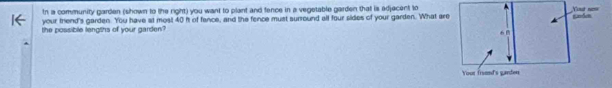 In a community garden (shown to the right) you want to plant and fence in a vegetable garden that is adjacent to 
your friend's garden. You have at most 40 it of fence, and the fence must surround all four sides of your garden. What ar 
the possible lengths of your garden?