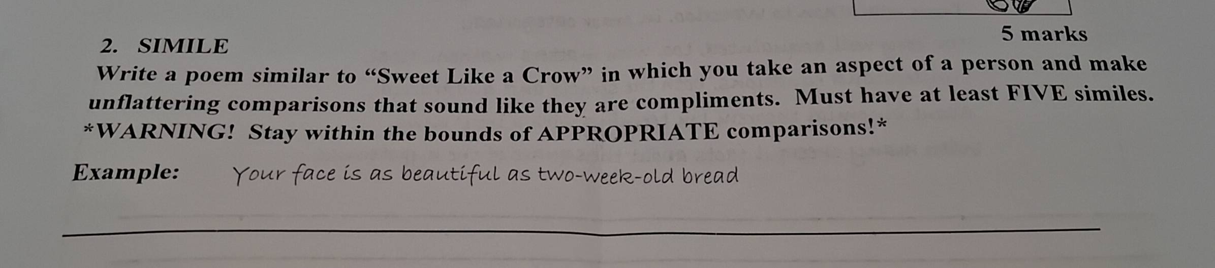 Solved: SIMILE Write a poem similar to “Sweet Like a Crow” in which you ...