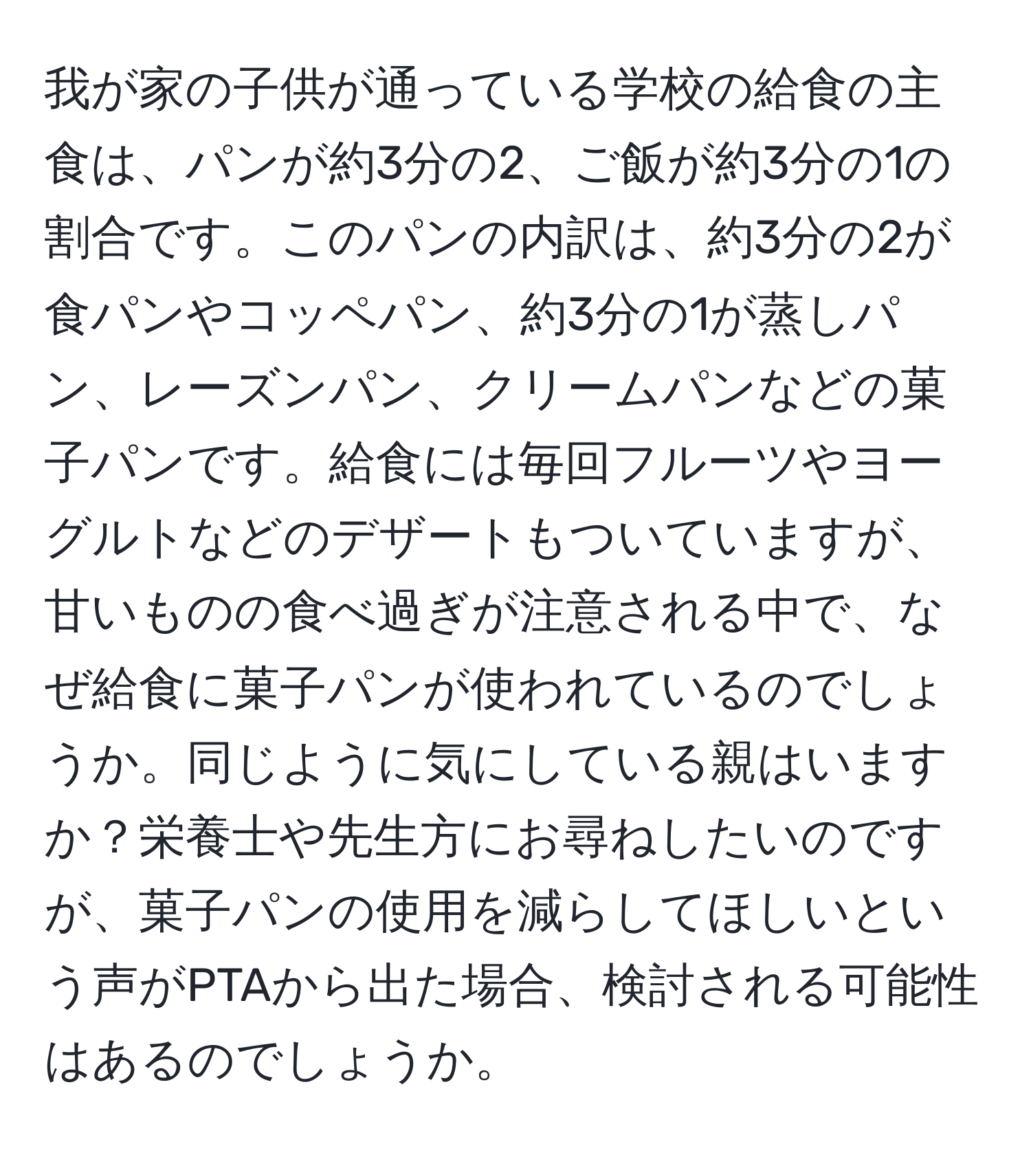 我が家の子供が通っている学校の給食の主食は、パンが約3分の2、ご飯が約3分の1の割合です。このパンの内訳は、約3分の2が食パンやコッペパン、約3分の1が蒸しパン、レーズンパン、クリームパンなどの菓子パンです。給食には毎回フルーツやヨーグルトなどのデザートもついていますが、甘いものの食べ過ぎが注意される中で、なぜ給食に菓子パンが使われているのでしょうか。同じように気にしている親はいますか？栄養士や先生方にお尋ねしたいのですが、菓子パンの使用を減らしてほしいという声がPTAから出た場合、検討される可能性はあるのでしょうか。