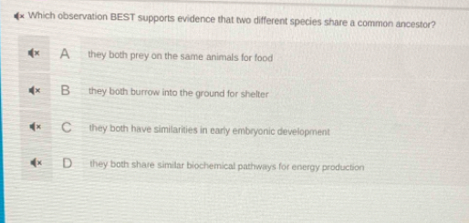 Which observation BEST supports evidence that two different species share a common ancestor?
they both prey on the same animals for food
B they both burrow into the ground for shelter
C they both have similarities in early embryonic development
they both share similar biochemical pathways for energy production