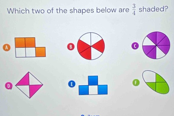 Which two of the shapes below are  3/4  shaded? 
A 
B 
E 
F