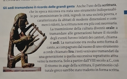 Gli aedi tramandano iI ricordo delle grandi gesta' Anche l'uso della scrittura, 
micenea era stata uno strumento indispensabi- 
istrare le città, regredí: in una società povera, e 
zzata da abitati di modeste dimensioni e com- 
ridotti, la scrittura non era più così necessaria. 
La trasmissione della cultura diventò orale: a 
tramandare alle generazioni future il ricordo 
degli eventi furono infatti dei cantori, chiama 
ti aedi. La narrazione era svolta sotto forma di 
anto, accompagnato dal suono di uno strumento 
rde chiamato lira; i testi venivano tramandati da 
nerazione a quella successiva soprattutto attra- 
memoria. Solo a partire dall'VIII secolo a.C., con 
itorno in auge della scrittura, il patrimonio cul 
ale greco sarebbe stato tradotto in forma scritta.