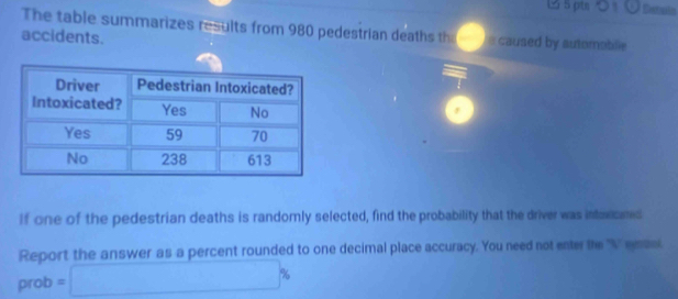 つ ∪ 
The table summarizes results from 980 pedestrian deaths th caused by automoble 
accidents. 
If one of the pedestrian deaths is randomly selected, find the probability that the driver was intricamed 
Report the answer as a percent rounded to one decimal place accuracy. You need not enter the ''V an 
prob =□ %