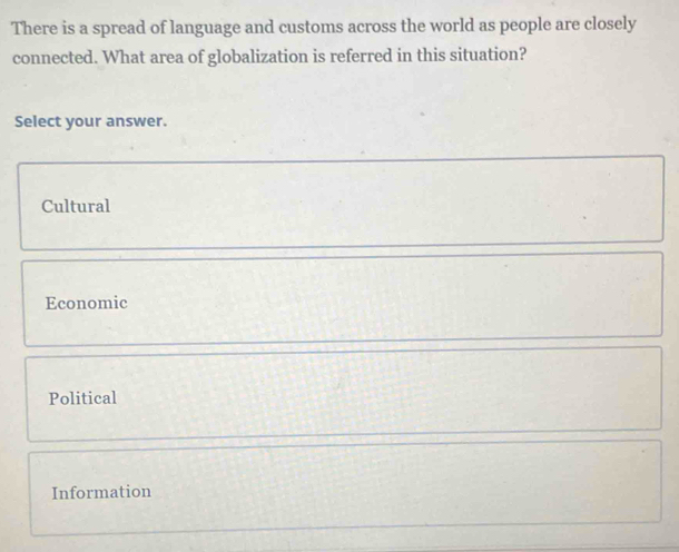 There is a spread of language and customs across the world as people are closely
connected. What area of globalization is referred in this situation?
Select your answer.
Cultural
Economic
Political
Information