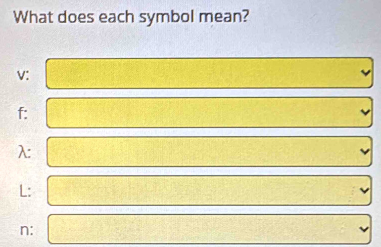 What does each symbol mean?
V :
f :
λ :
L
L :
v
n :