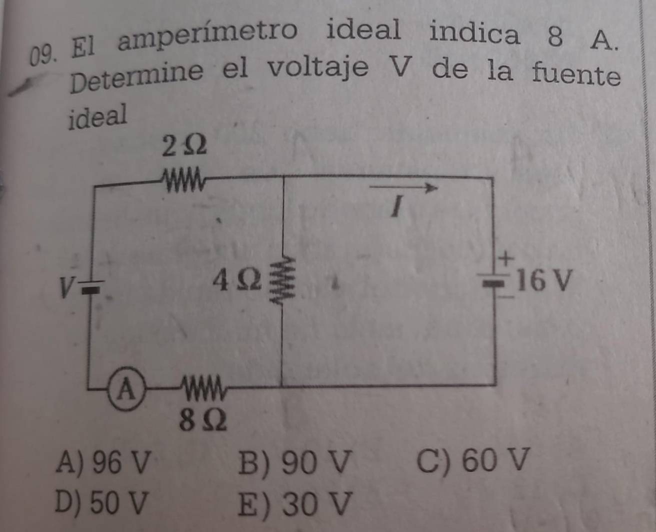 El amperímetro ideal indica 8 A.
Determine el voltaje V de la fuente
ideal
A) 96 V B) 90 V C) 60 V
D) 50 V E) 30 V